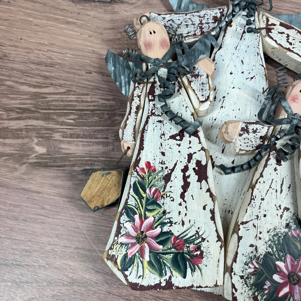 Handmade Primitive Angel Trio Wall Hanging White Distressed Wood Metal Wings